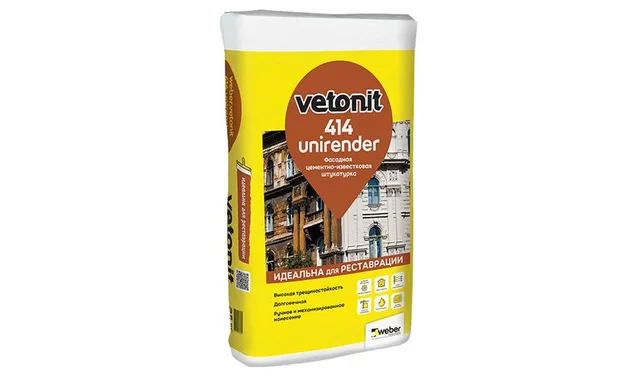 Цементно-известковая фасадная штукатурка weber.vetonit Unirender 414, 25 кг